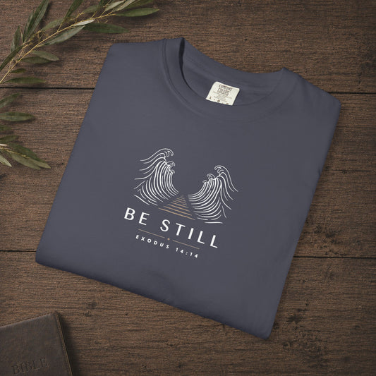 Be Still — Exodus 14:14 Subtle Scripture Tee | Chest Print