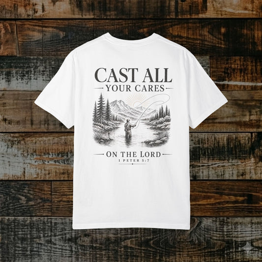 Illustrated Scripture Tee - 1 Peter 5:7 - Cast All Your Cares Upon Him