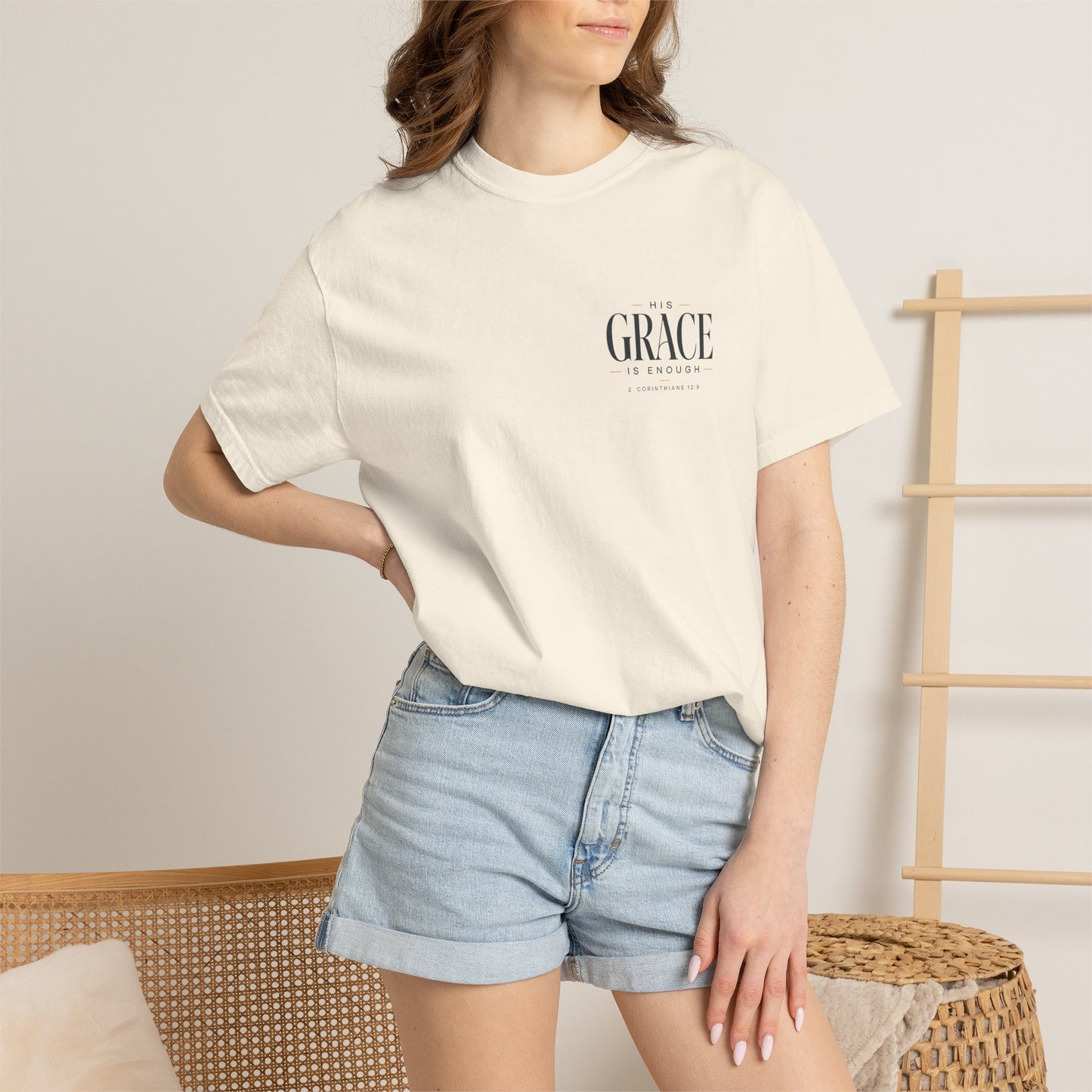 His Grace — 2 Corinthians 12:9 Subtle Scripture Tee | Chest Print