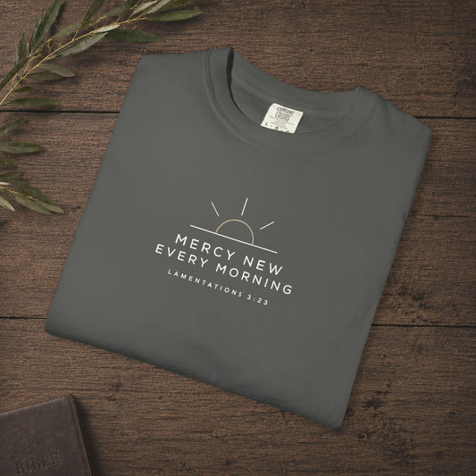 Mercy New Every Morning — Lamentations 3:23 Subtle Scripture Tee | Chest Print