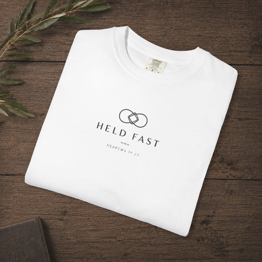 Held Fast — Hebrews 10:23 Subtle Scripture Tee | Chest Print