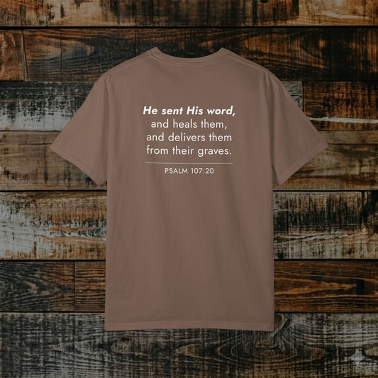 Psalm 107:20 Christian Hebrew-Roots Scripture Tee — Full Verse Collection