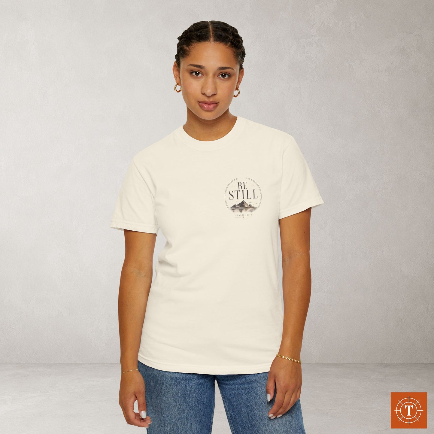 Be Still — Psalm 46:10 Subtle Scripture Tee | Chest Print