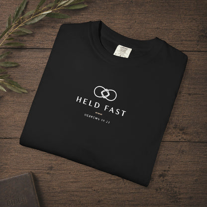 Held Fast — Hebrews 10:23 Subtle Scripture Tee | Chest Print