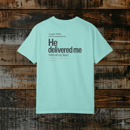 Psalm 34:4 Hebrew-Roots Scripture Tee - Full Verse - He delivered me from all my fears
