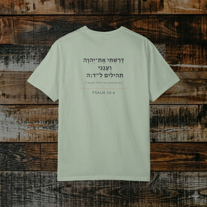 Original Language Scripture Tee: Psalm 34:4 — I sought YHVH and He answered me