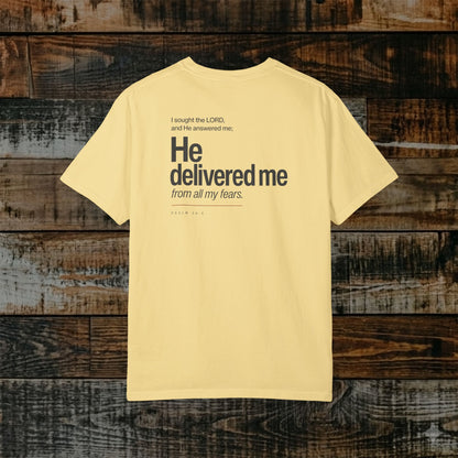 Psalm 34:4 Christian Scripture Tee - Full Verse - He delivered me from all my fears