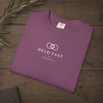 Held Fast — Hebrews 10:23 Subtle Scripture Tee | Chest Print