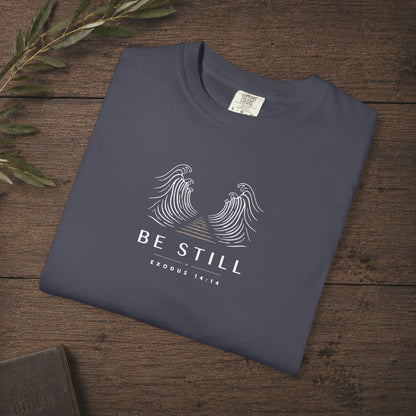 Be Still — Exodus 14:14 Subtle Scripture Tee | Chest Print