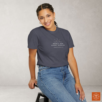 Mercy New Every Morning — Lamentations 3:23 Subtle Scripture Tee | Chest Print