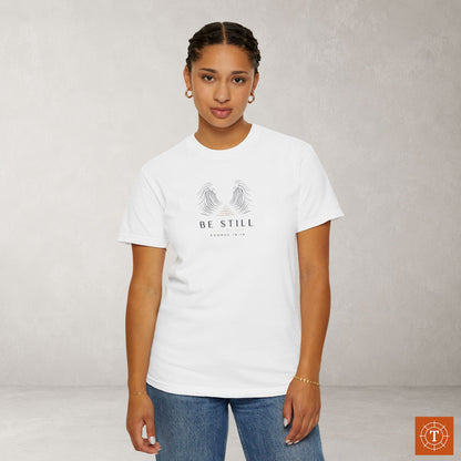 Be Still — Exodus 14:14 Subtle Scripture Tee | Chest Print