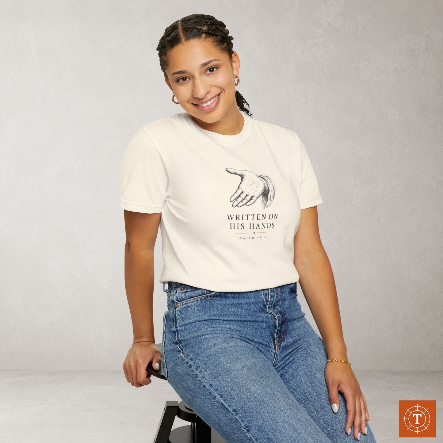 Written on His Hands — Isaiah 49:16 Subtle Scripture Tee | Chest Print