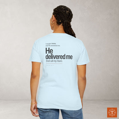 Psalm 34:4 Hebrew-Roots Scripture Tee - Full Verse - He delivered me from all my fears