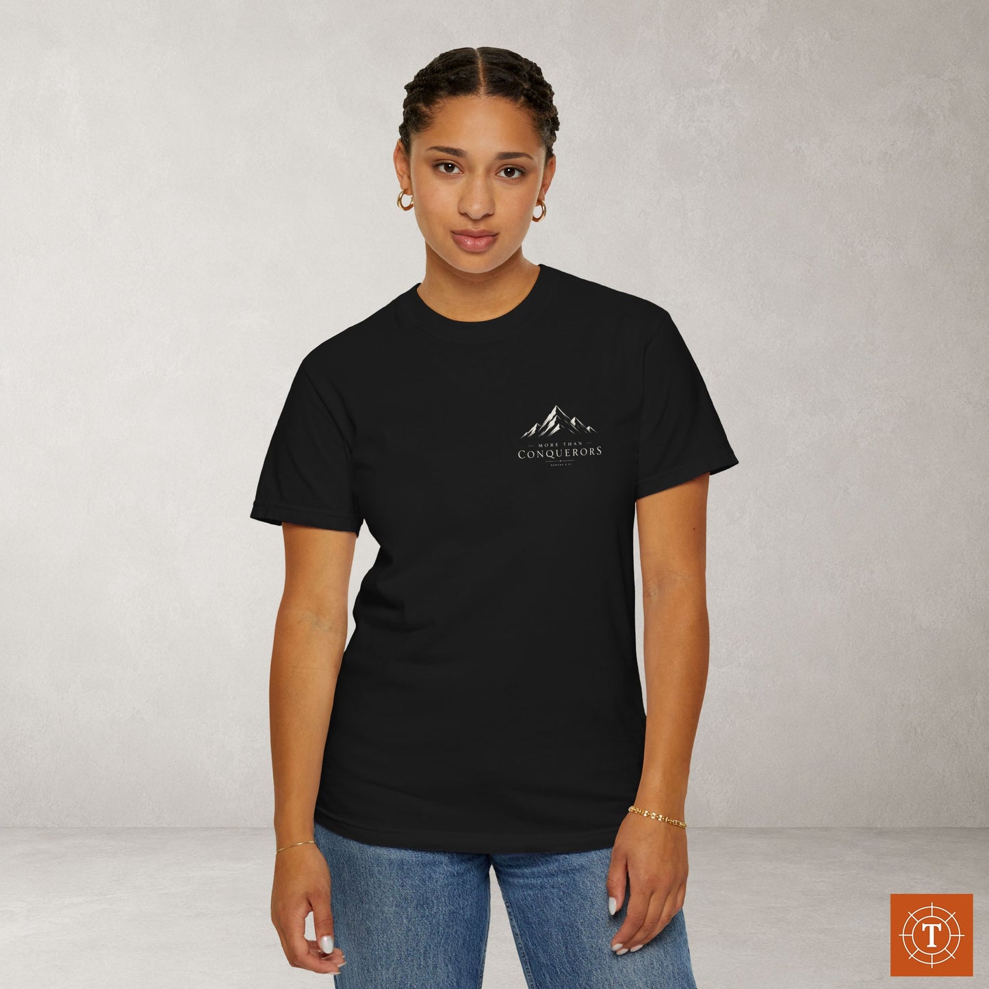 More than Conquerors — Romans 8:37 Subtle Scripture Tee | Chest Print