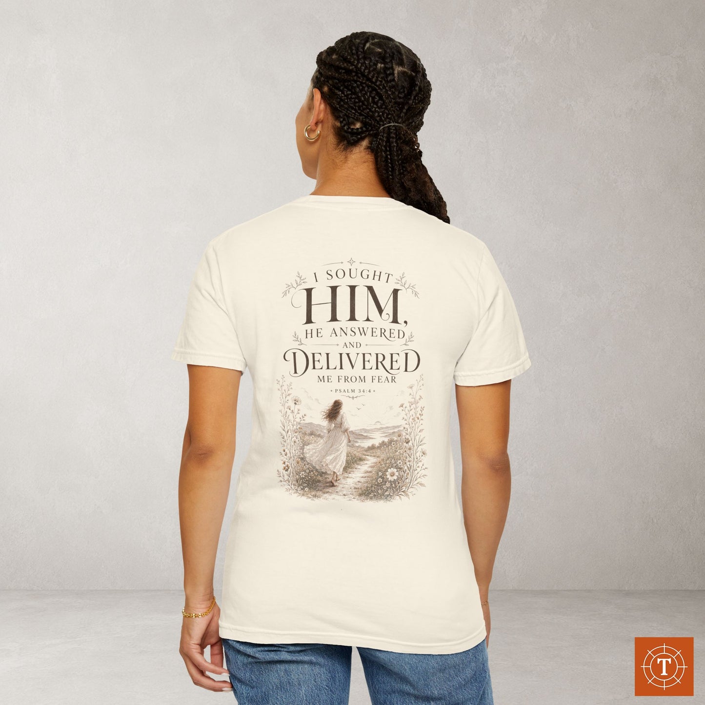 Illustrated Scripture Tee - Psalm 34:46 - I sought Him He answered (Feminine)