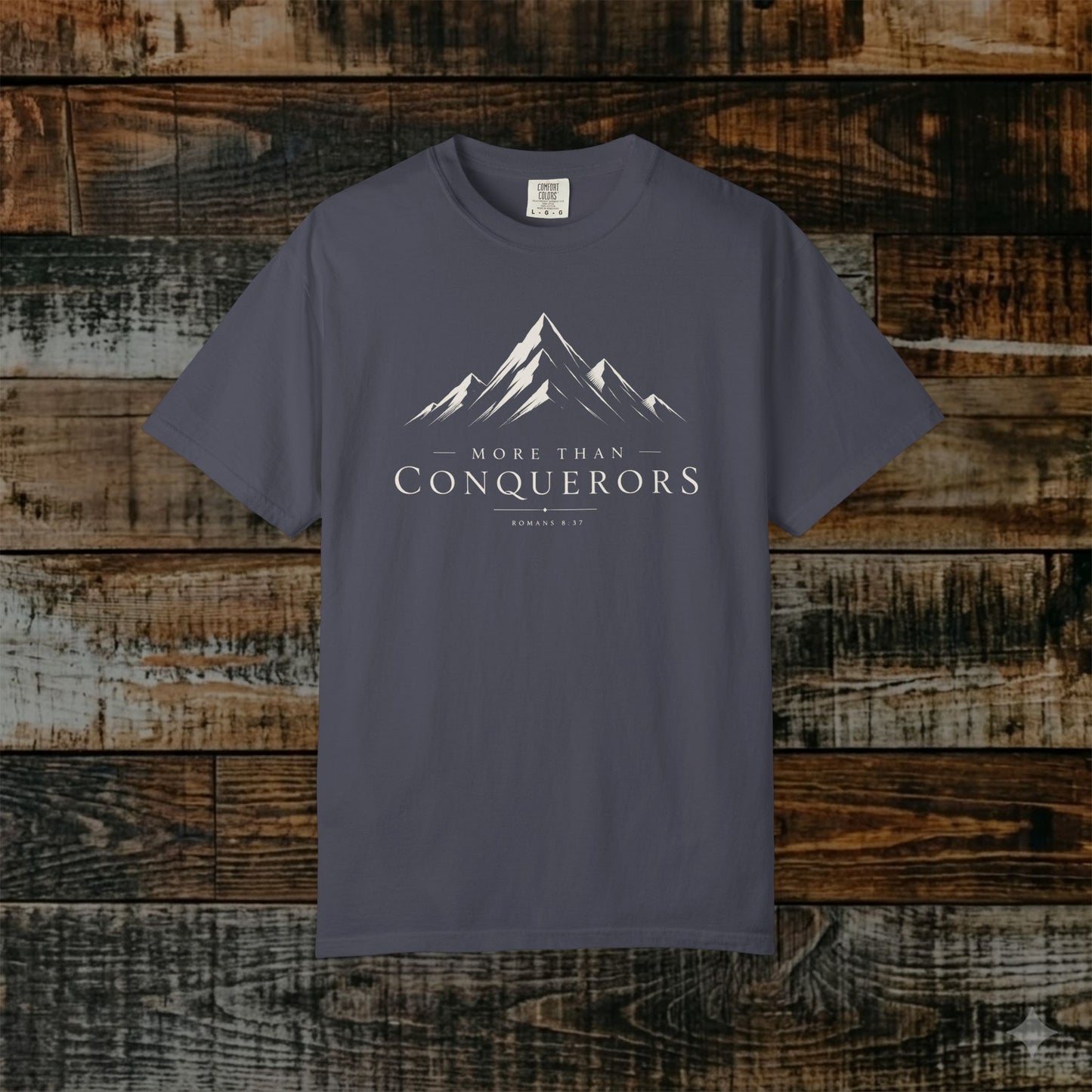 Illustrated Scripture Tee - Romans 8:37 - More than conquerors, Conquering Mountains Tee