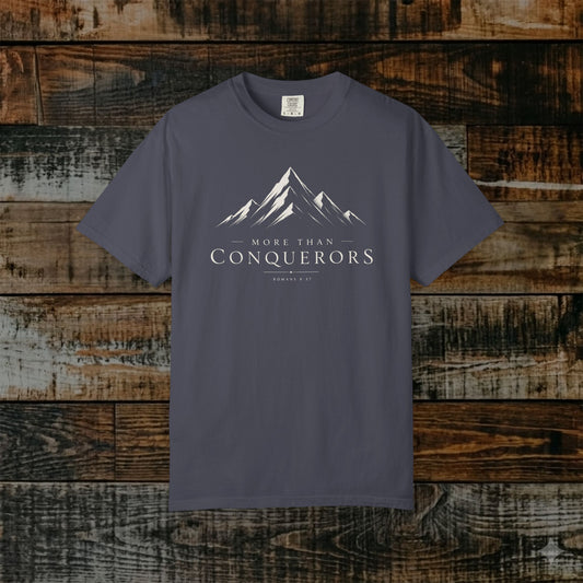 Illustrated Scripture Tee - Romans 8:37 - More than conquerors, Conquering Mountains Tee