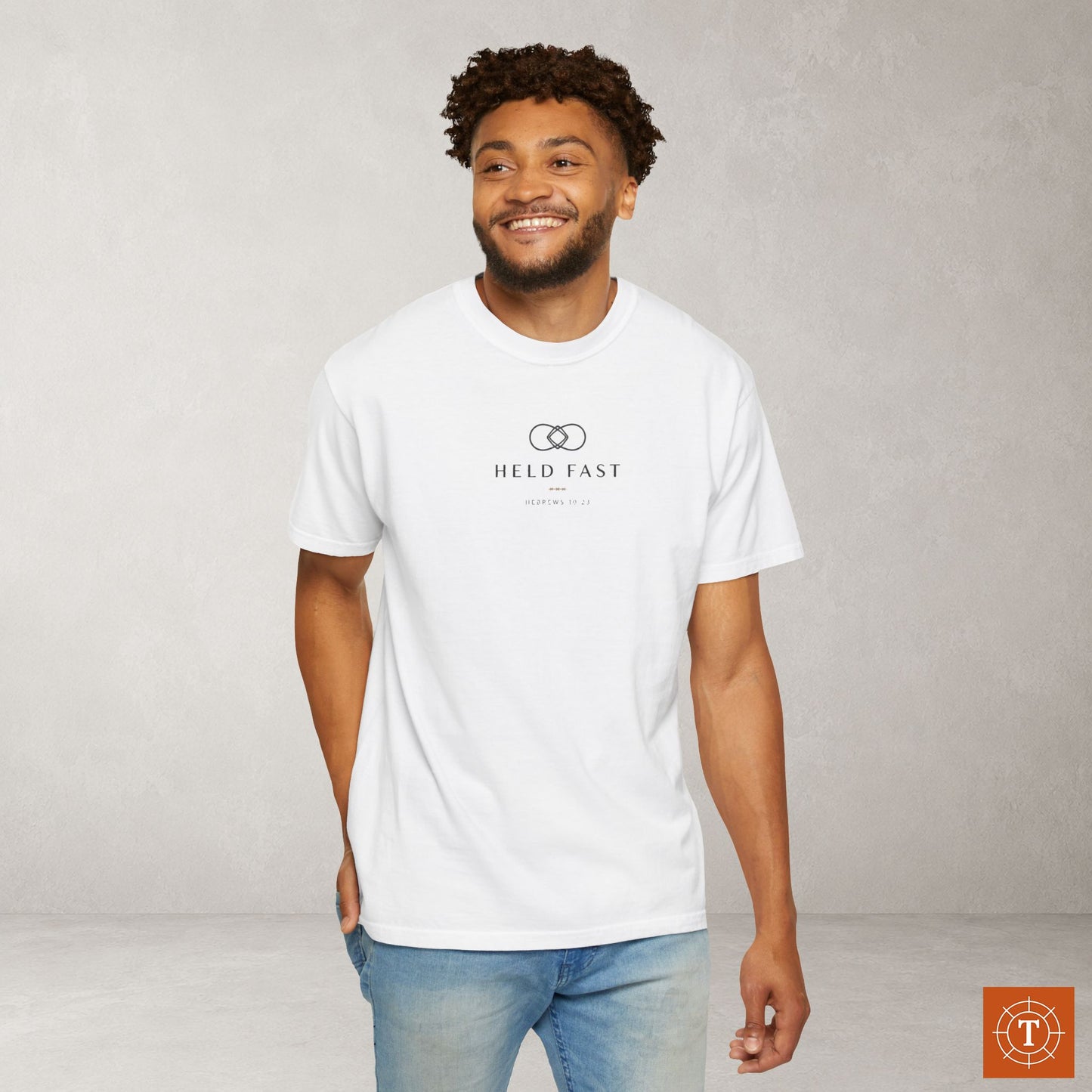 Held Fast — Hebrews 10:23 Subtle Scripture Tee | Chest Print
