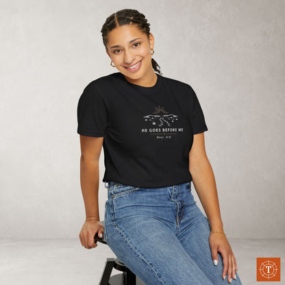 He Goes Before Me — Deuteronomy 31:8 Subtle Scripture Tee | Chest Print