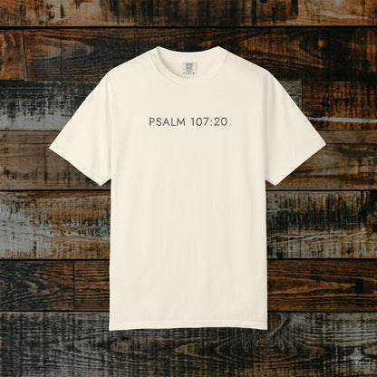 Aesthetic Christian Tee — Psalm 107:20 Modern Scripture Tee