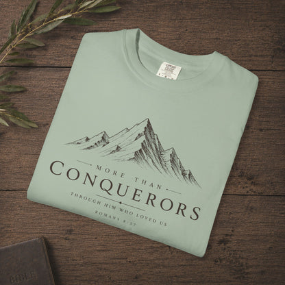 Illustrated Scripture Tee - Romans 8:37 - More than conquerors, Conquering Mountains Tee
