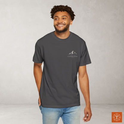 More than Conquerors — Romans 8:37 Subtle Scripture Tee | Chest Print