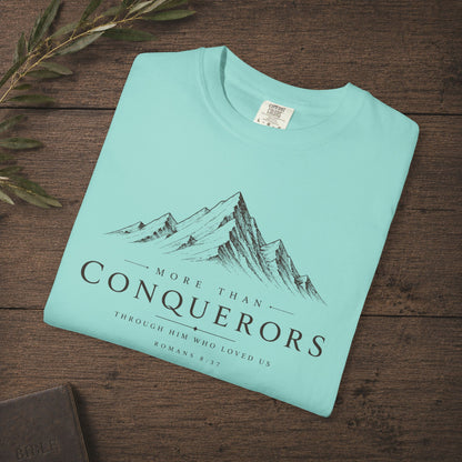Illustrated Scripture Tee - Romans 8:37 - More than conquerors, Conquering Mountains Tee