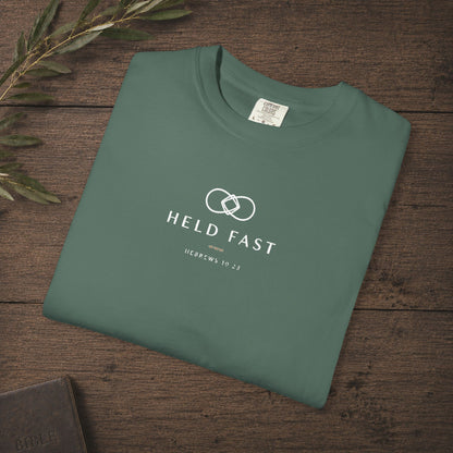 Held Fast — Hebrews 10:23 Subtle Scripture Tee | Chest Print