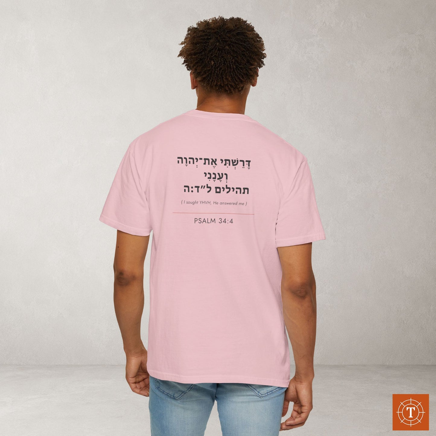 Original Language Scripture Tee: Psalm 34:4 — I sought YHVH and He answered me