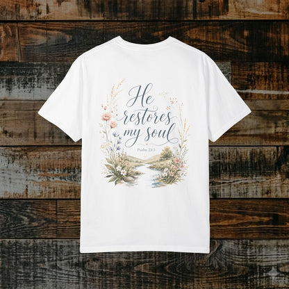 Illustrated Scripture Tee - Psalm 23.3 - Restores my soul