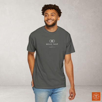 Held Fast — Hebrews 10:23 Subtle Scripture Tee | Chest Print
