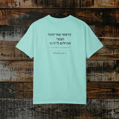 Original Language Scripture Tee: Psalm 34:4 — I sought YHVH and He answered me