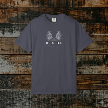 Be Still — Exodus 14:14 Subtle Scripture Tee | Chest Print