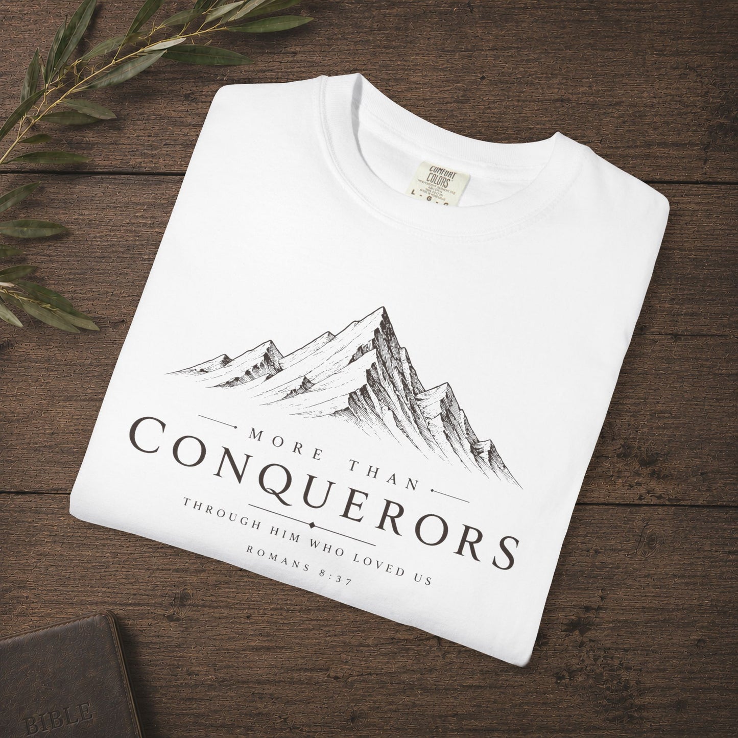 Illustrated Scripture Tee - Romans 8:37 - More than conquerors, Conquering Mountains Tee