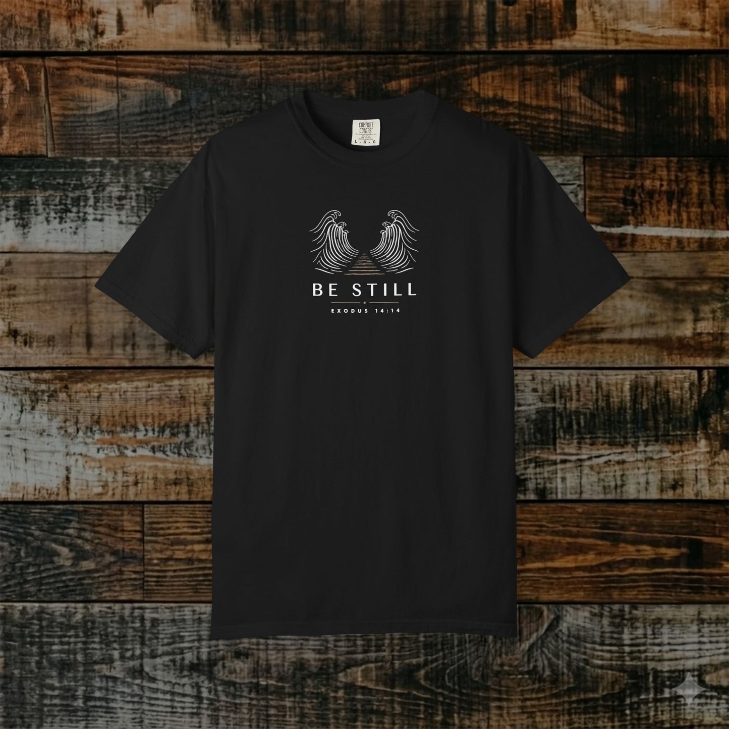 Be Still — Exodus 14:14 Subtle Scripture Tee | Chest Print