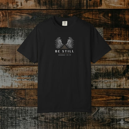 Be Still — Exodus 14:14 Subtle Scripture Tee | Chest Print