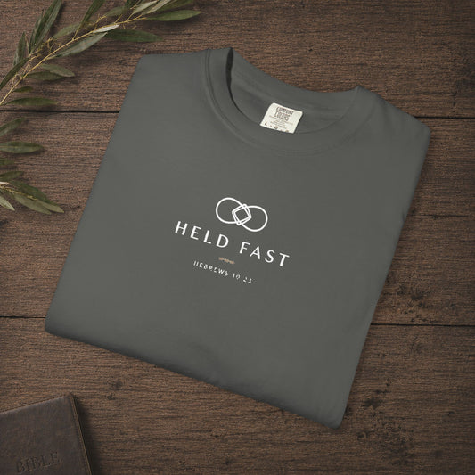 Held Fast — Hebrews 10:23 Subtle Scripture Tee | Chest Print