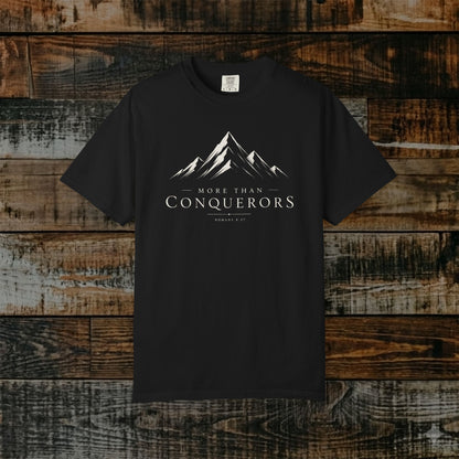 Illustrated Scripture Tee - Romans 8:37 - More than conquerors, Conquering Mountains Tee