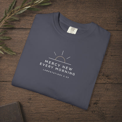 Mercy New Every Morning — Lamentations 3:23 Subtle Scripture Tee | Chest Print