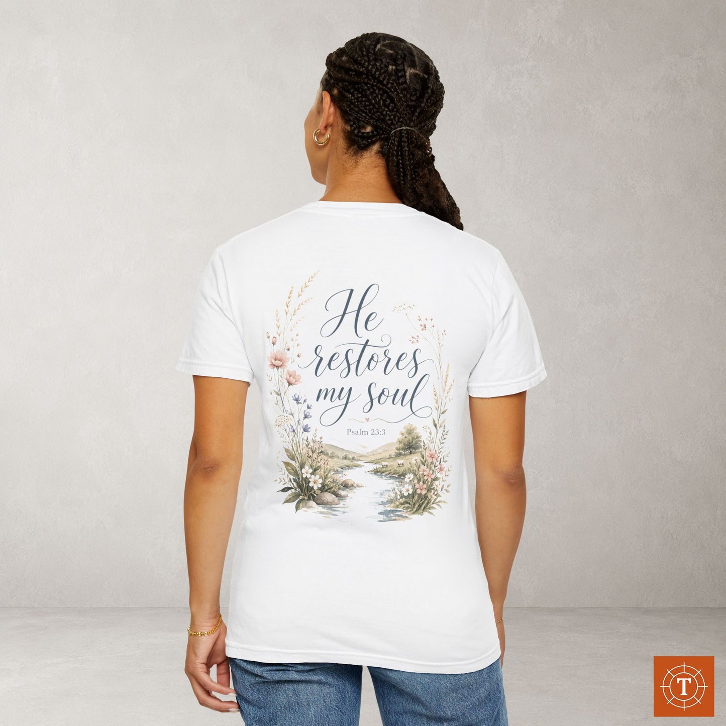 Illustrated Scripture Tee - Psalm 23.3 - Restores my soul