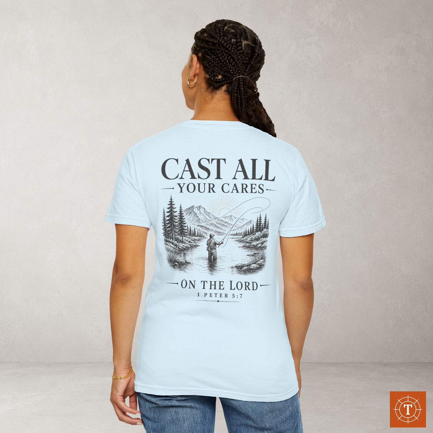 Illustrated Scripture Tee - 1 Peter 5:7 - Cast All Your Cares Upon Him