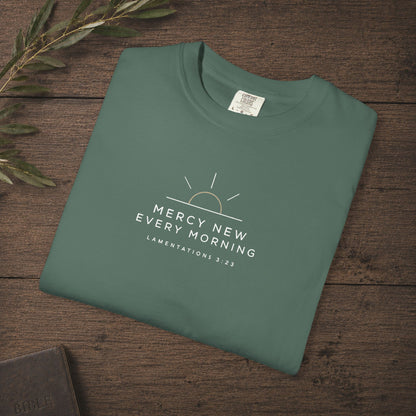Mercy New Every Morning — Lamentations 3:23 Subtle Scripture Tee | Chest Print