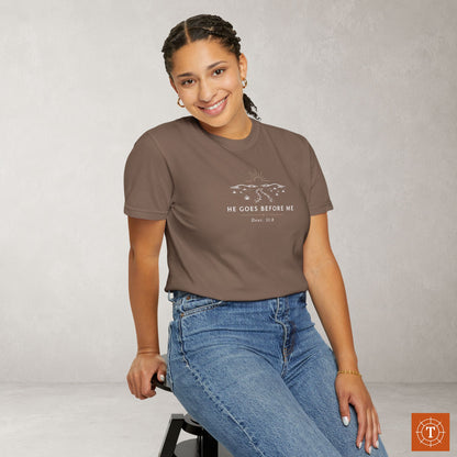 He Goes Before Me — Deuteronomy 31:8 Subtle Scripture Tee | Chest Print