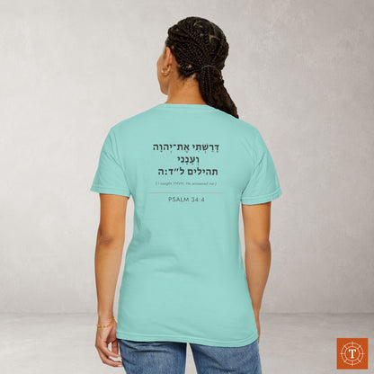 Original Language Scripture Tee: Psalm 34:4 — I sought YHVH and He answered me