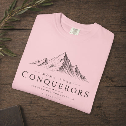 Illustrated Scripture Tee - Romans 8:37 - More than conquerors, Conquering Mountains Tee