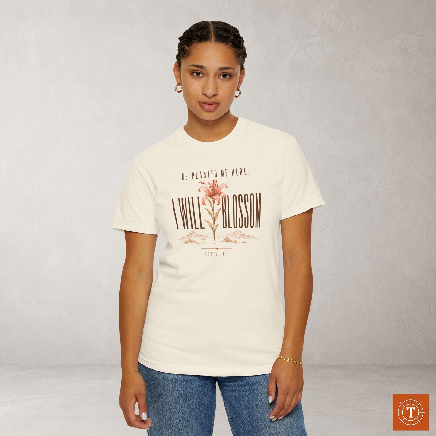 He planted me here I will blossom Tee — Hosea 14:5 Lily Statement Scripture Shirt