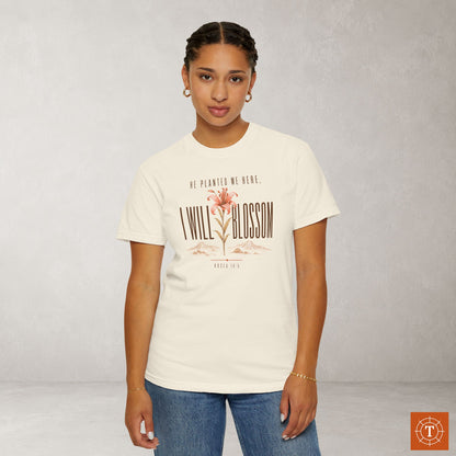He planted me here I will blossom Tee — Hosea 14:5 Lily Statement Scripture Shirt