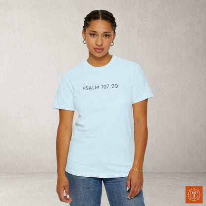 Aesthetic Christian Tee — Psalm 107:20 Modern Scripture Tee