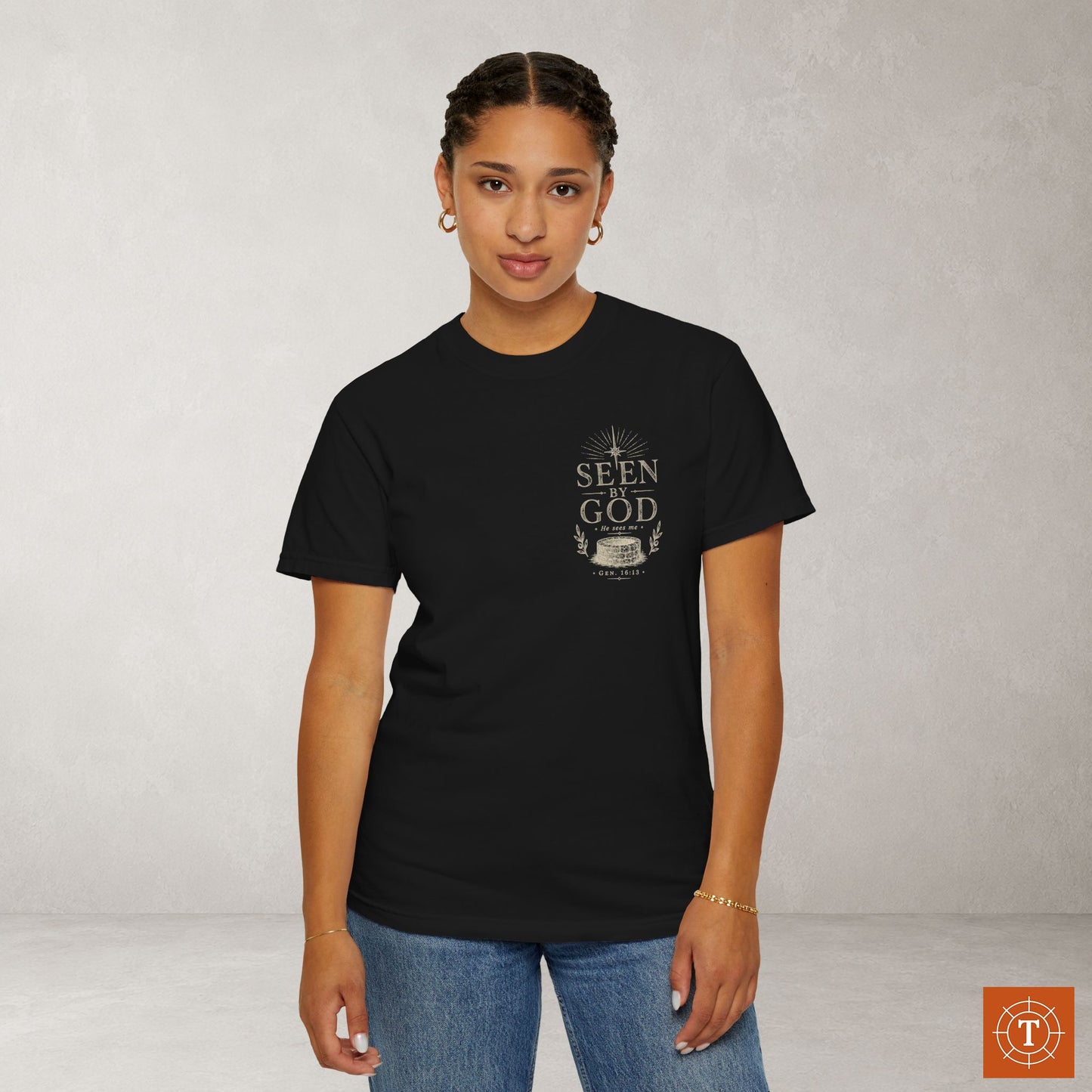 Seen by God — Genesis 16:13 Subtle Scripture Tee | Chest Print