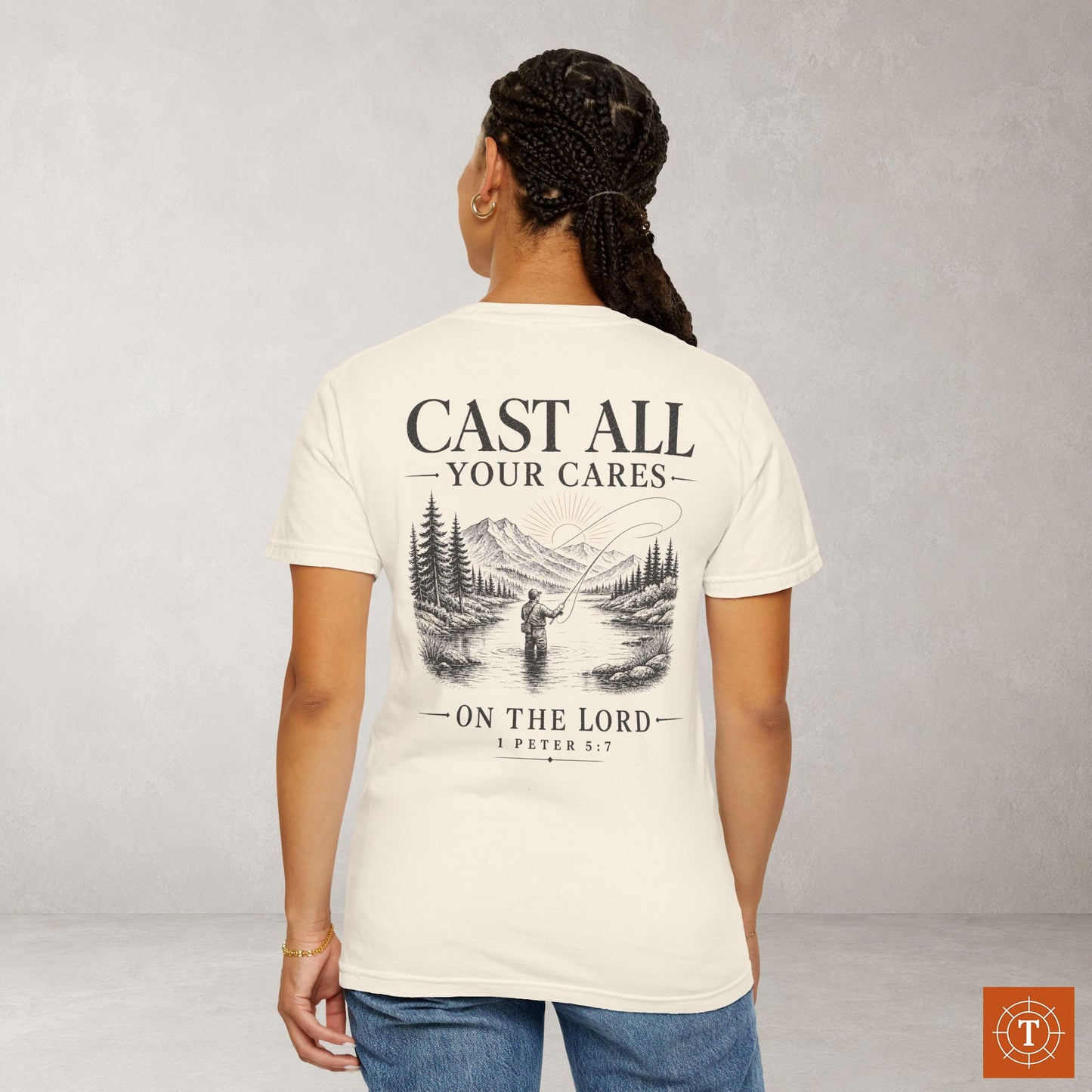 Illustrated Scripture Tee - 1 Peter 5:7 - Cast All Your Cares Upon Him